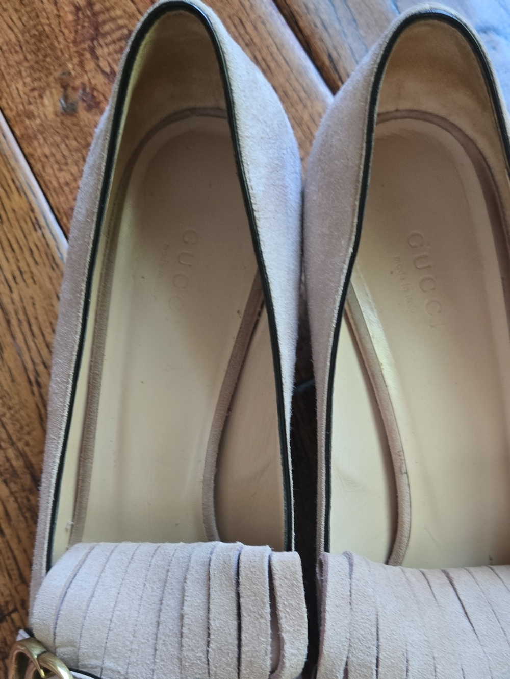 Gucci Pink Suede Fringe Block Heel Loafers with Gold Double-G - Picture 10 of 10